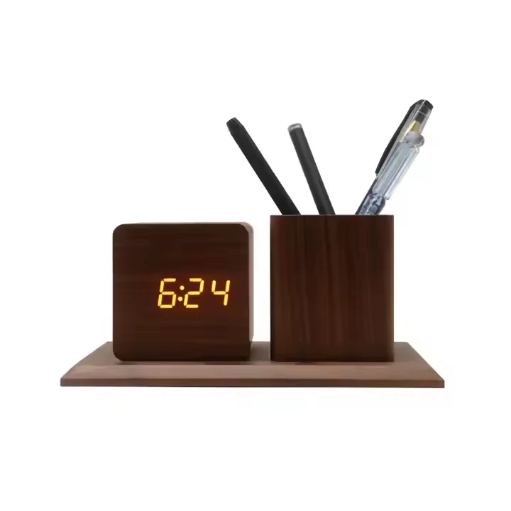 Creative LED Smart Alarm Clock Home Office Desktop Pen Holder Wood Clock Smart Electronic Clock
