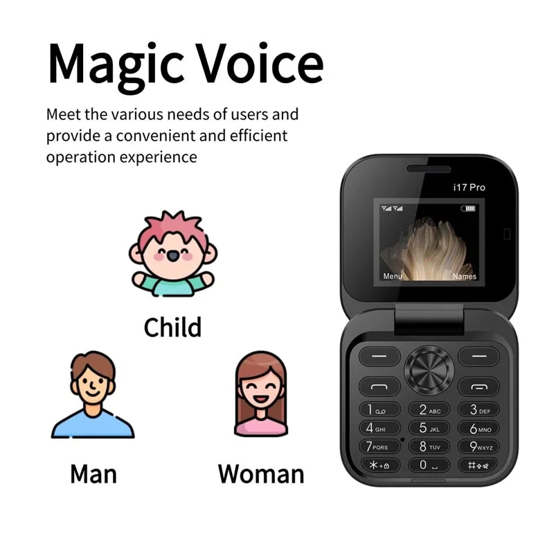 Fresh Release  i17 Pro Mini Flip Cellular Phone GSM 2 SIM Card Speed Dial Magic Voice Colorful Fold Mobile Phone for Kids Gifts