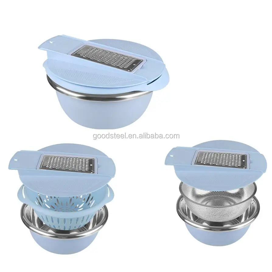 kitchen accessories 3 in 1 stainless steel grater mixing bowl with colander plastics