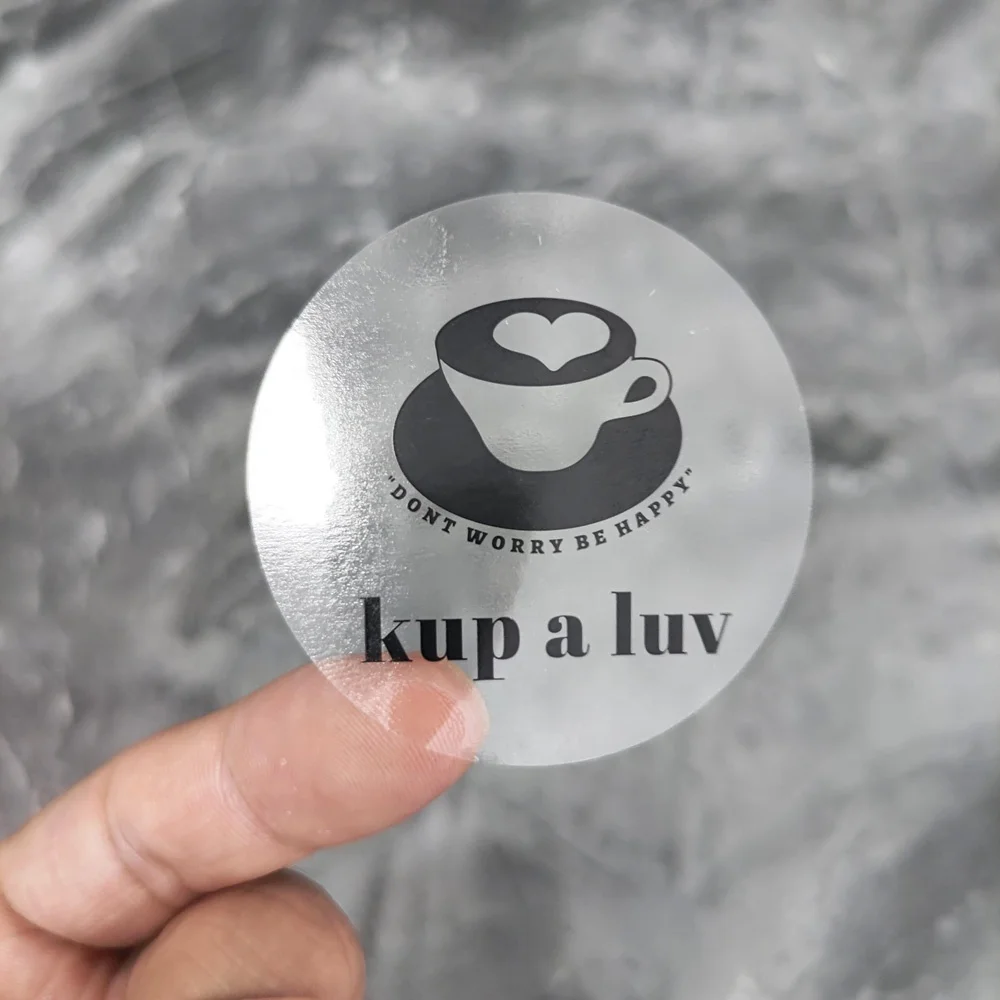 Custom Logo Coffee Cup Label Printing Black Promotional Decals Waterproof Clear See Through Circle Stickers