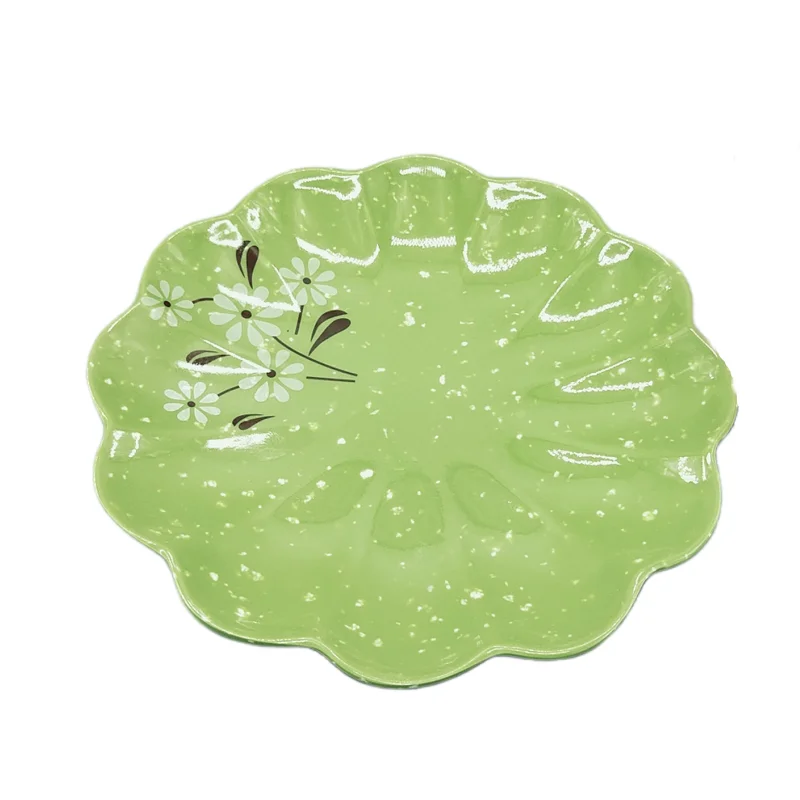 Custom Classic Design Round Plastic Plate Durable 9 Inch Green Flower Shape Reusable Melamine Plates
