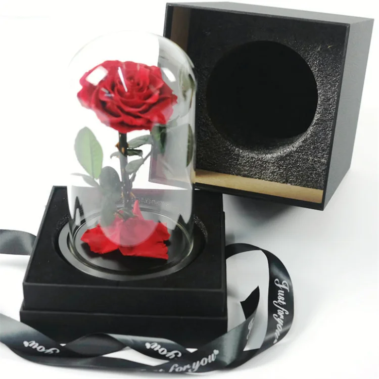 High Borosilicate Customization Galaxy Rainbow Rose In Glass Dome Led Bell With Black Wooden Base