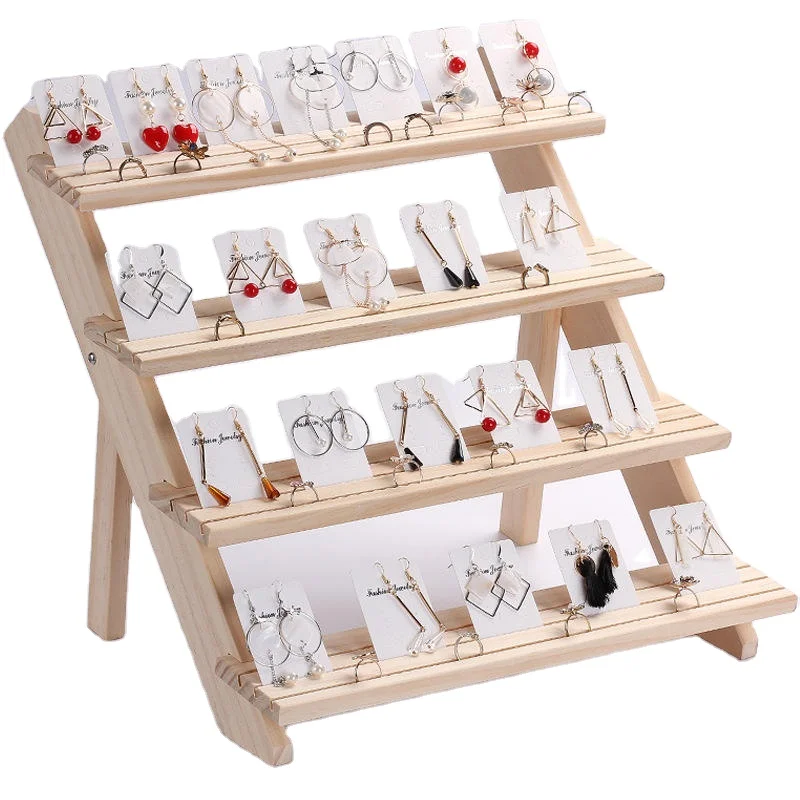 4-Tire Solid Wood Jewelry Storage Earrings Necklace Bracelet Ear Studs Display Board Holder Rack Stand
