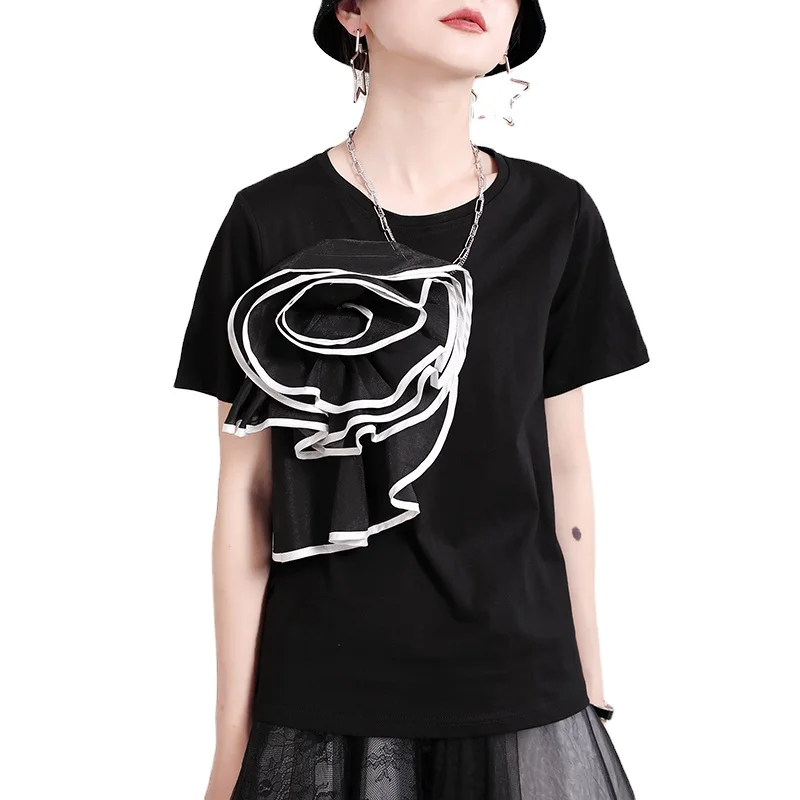 2021 summer new round collar top solid color short sleeve T-shirt female fashion match  with three-dimensional decoration