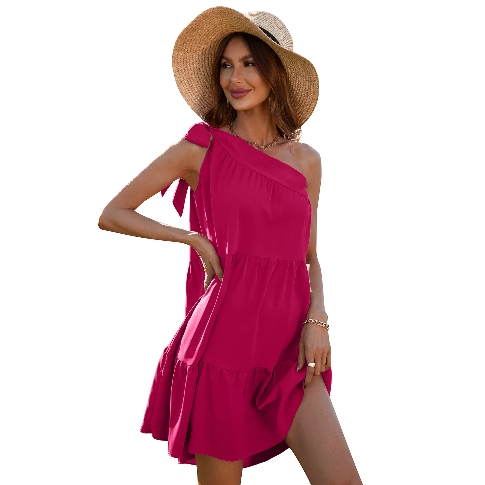Hot Sale 2022 Summer chiffon Sexy One Shoulder Sleeveless Pleated Solid Outfits Casual Dress Women Elegant One-step Dress