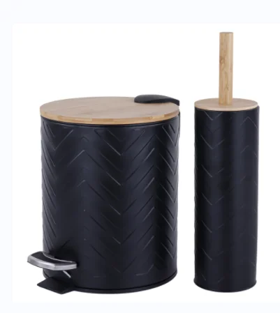 Bamboo waste bin dust bin Toilet brush holder bathroom accessories set Trash can with soft close