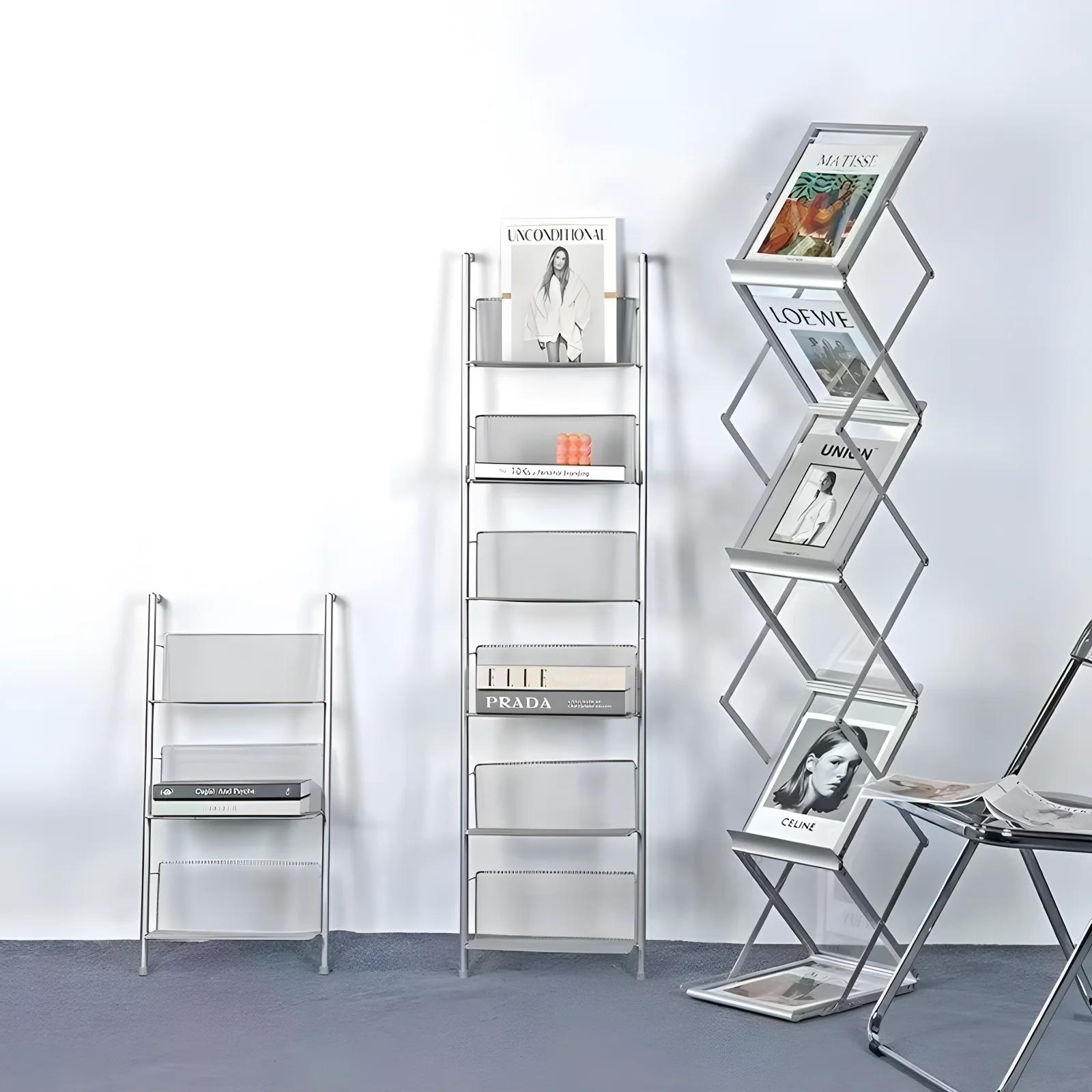 Aluminum folding data frame newspaper stand Acrylic exhibition storage magazine shooting Red bookshelf display stand
