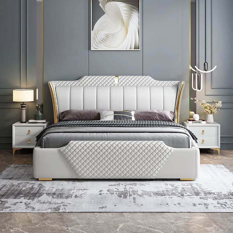 Luxury Adult Room Wooden Frame King Size bed Bedroom Furniture queen Leather Comfort Storage Soft Bed