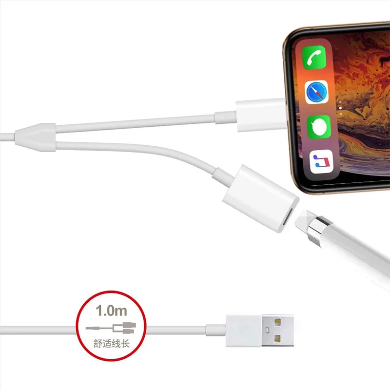 2 in 1 USB Male to 8-Pin Female + Male Charging Adapter Cable For iPhone iPad Pro Pencil