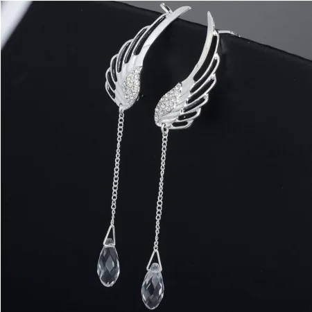 2019 New Silver Plated Angel Wing Stylist Crystal Earrings Drop Dangle Ear Stud For Women Long Cuff Earring Bohemia