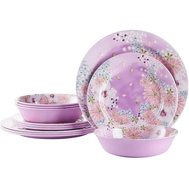 12-Piece Unbreakable Melamine Western Dinnerware Set Eco-Friendly Plastic Dinnerware for 4 Persons for Camping and Home Use