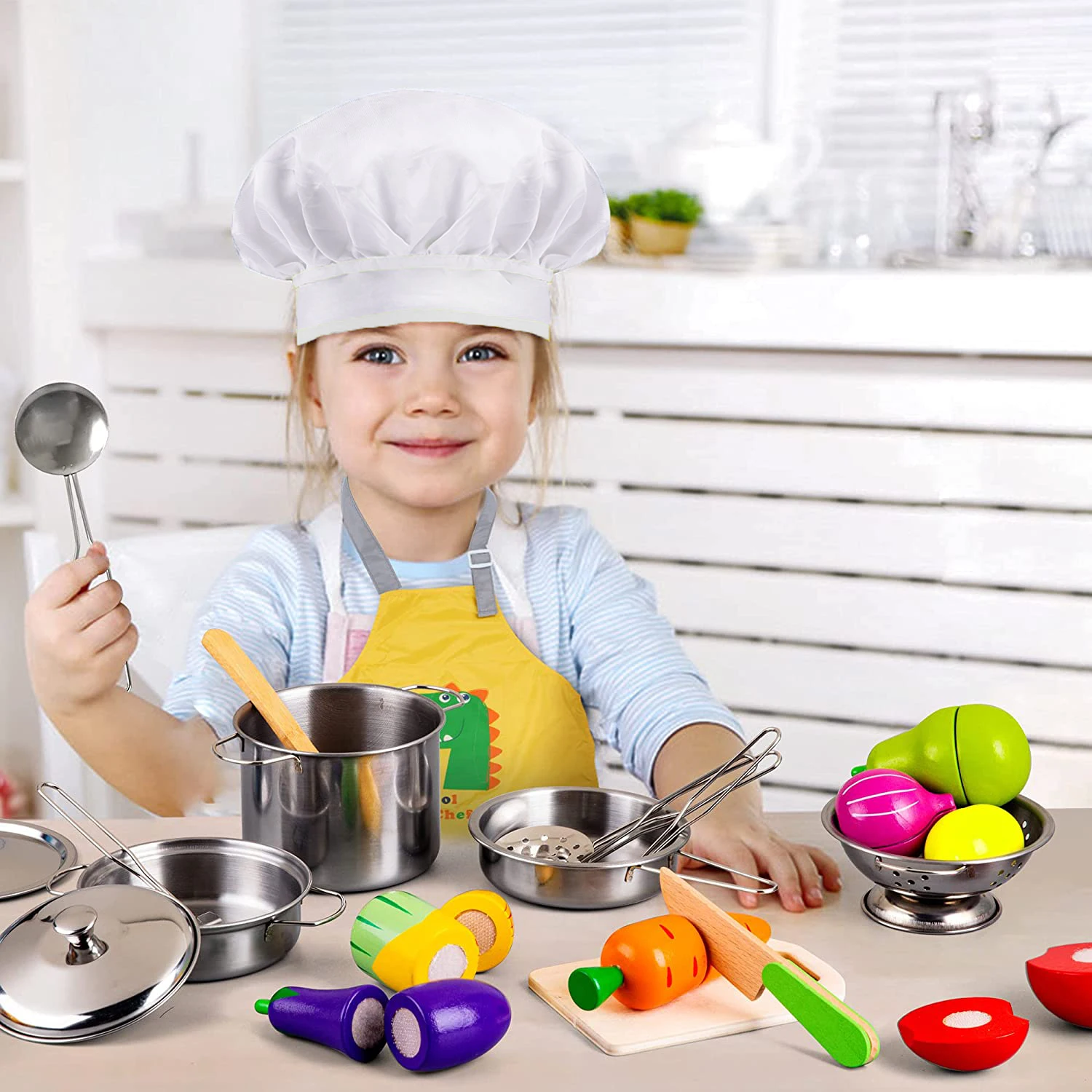 Kitchen Toy Accessories Wooden Play Food Stainless Steel Cookware Game Set Cooking Pretend Play Mini Kitchen Toys For Kids