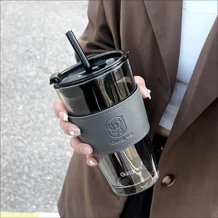Hot Sales Luxury Electroplated 350ml/450ml Takeaway Glass Cup Coffee Water Drink Cup Mug With Straw And Silicone Sleeve