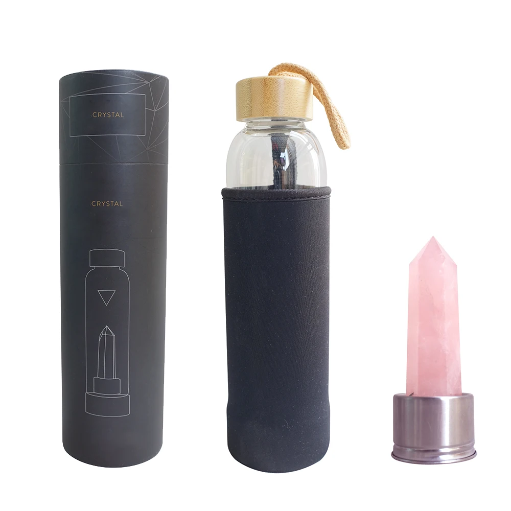2019 Amazon hot selling products natural Rose quartz/ Amethyst sting energy gemstone crystal water bottle elixir