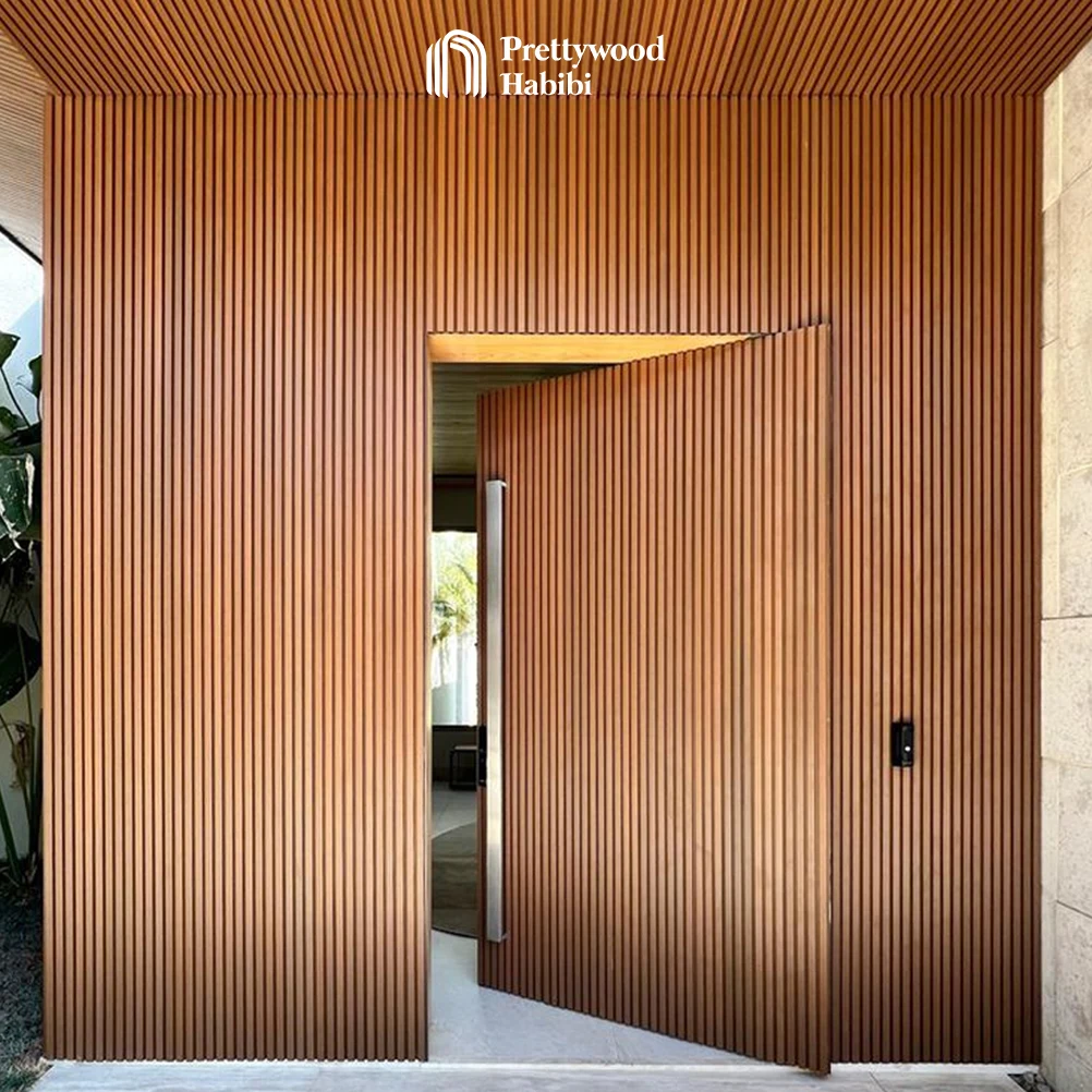 Residential Modernized Vertical Slats Design Oversize Heavy Duty Hinge Main Entrance Door Solid Wooden Exterior Front Entry Door