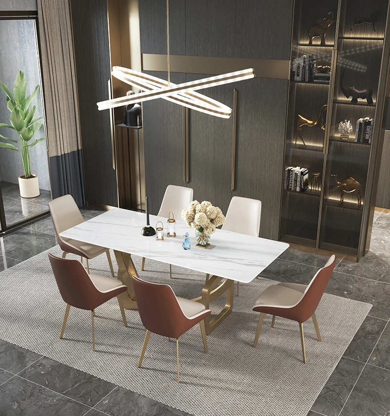 Wedding Modern Marble Gold Dining Tables Set Metal Base Rectangle Sintered Stone Dining Table New Designs Dining Room Furniture
