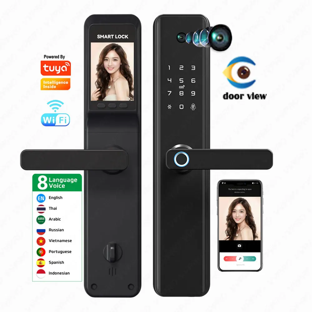 8 Language Voice Tuya Wifi Digital Fingerprint Cerradura Inteligente Smart Camera Door Lock K1-pro