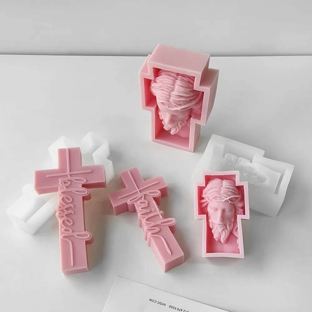 Silicon Molds for Candles 3D Relief Cross Candle Moulds Silicone Jesus Head Portrait Moldes De Silicona Para Velas Candle Molds