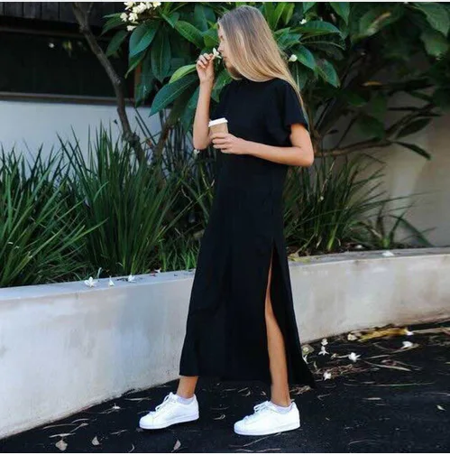 Women Summer Casual Maxi T Shirt Dress Elegant Vintage Wrap Black Split Long Dresses