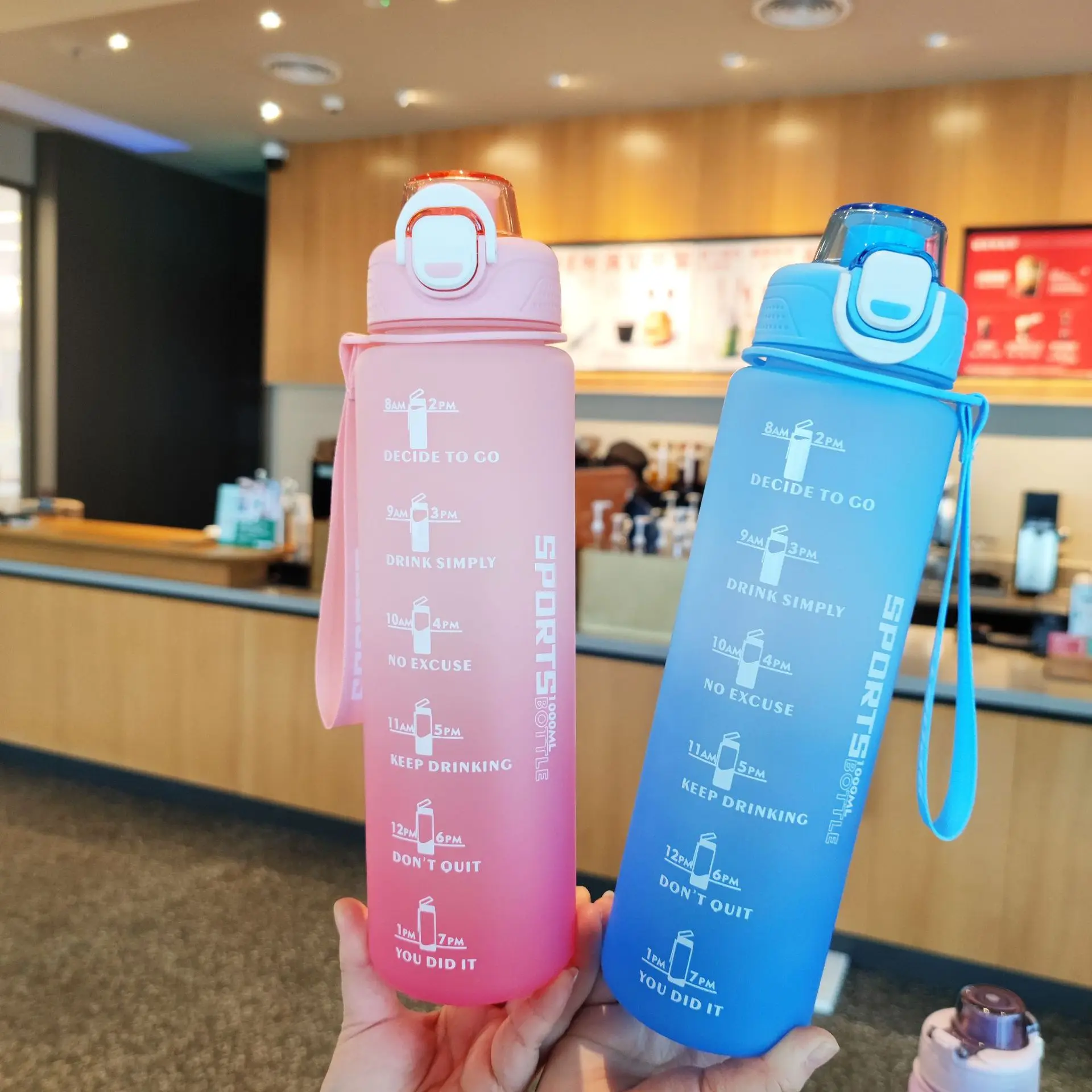 1L Frosted Plastic Water Bottle Hand Strap Design Motivational Fitness Running Direct Drinking Outdoor Travel