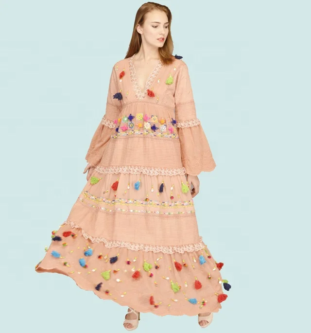 Handmade Long Floral Beaded Women Ethnic Traditional Casual Dress