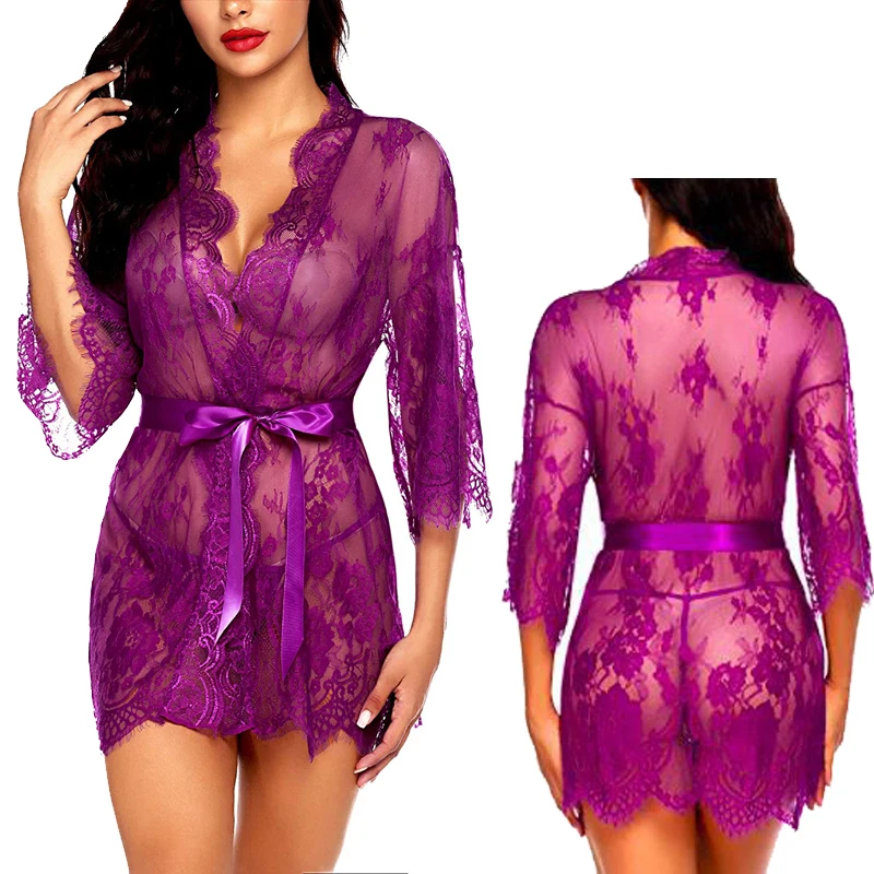 Wholesale Women Sexy Lace Kimono Robe Sheer Mesh Chemise Nightgown Embroidery Transparent Nightwear V Neck Shorts Lingerie