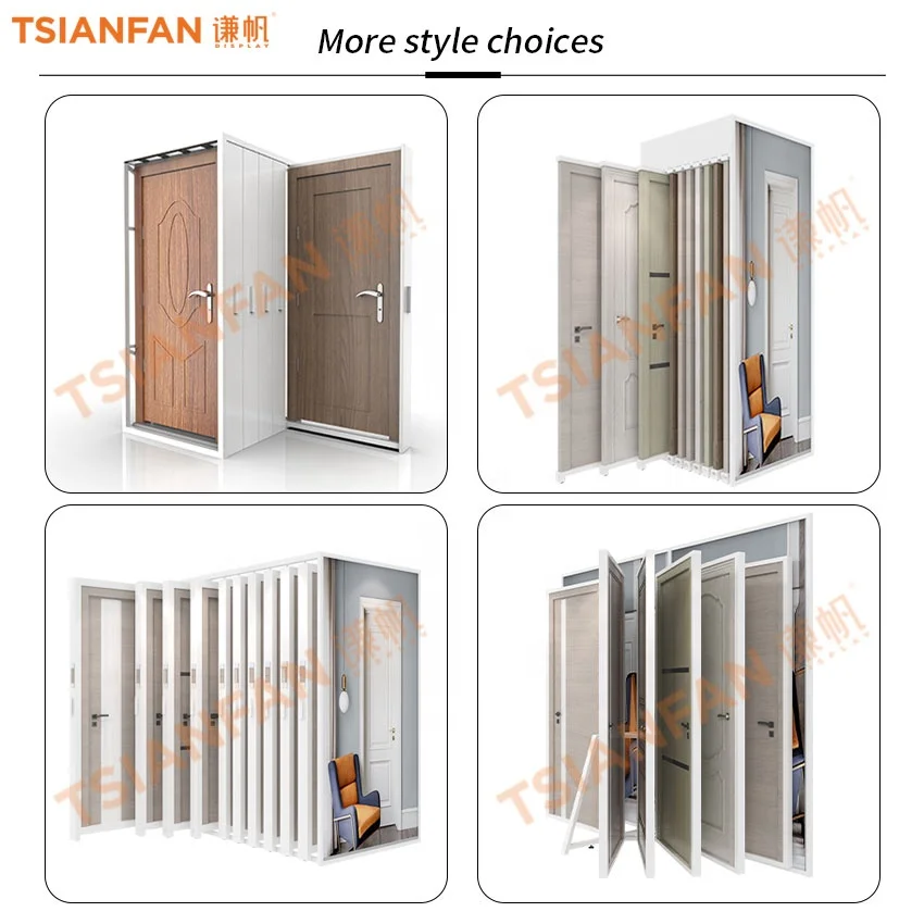 Tsianfan New Design Custom Slider Wooden Cabinet Door Sample Display Rack With Door Frame Sliding Doors Display Stand Exhibition