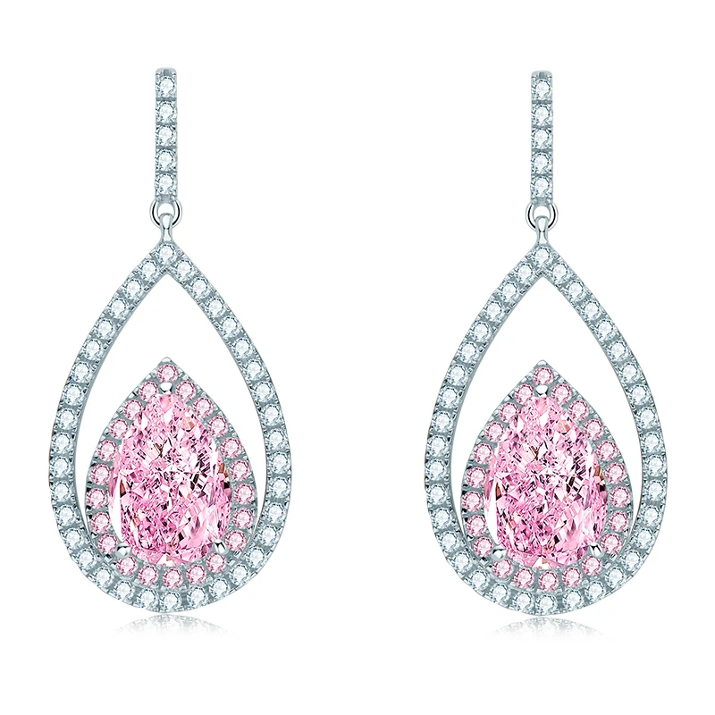 Korean Luxury 925 Sterling Silver High Carbon Diamond Earrings 7*10mm Double Pear-Shaped Pink Tassel Earrings