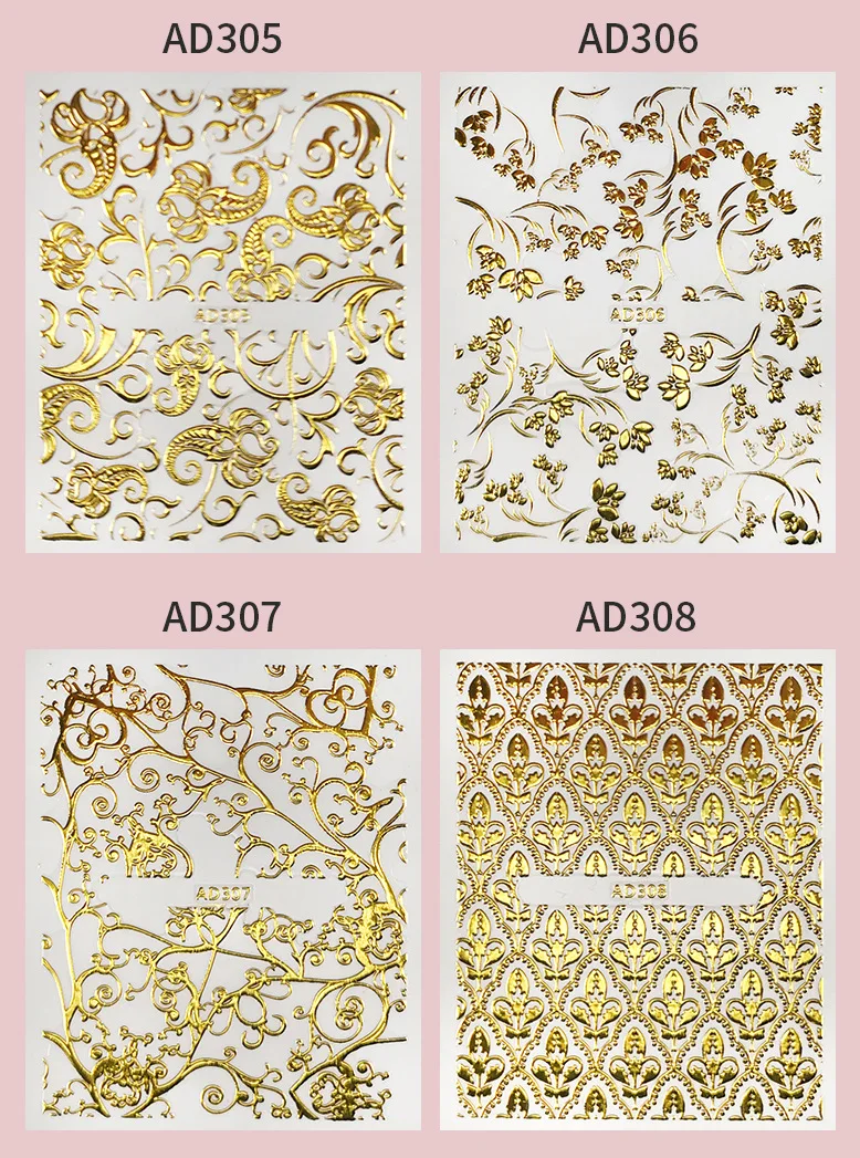 Custom Metallic Gold Flower Pattern Nail Decal 3D Adhesive  Sliders Warp Polish Press On DIY Nail Art Decorations Stickers