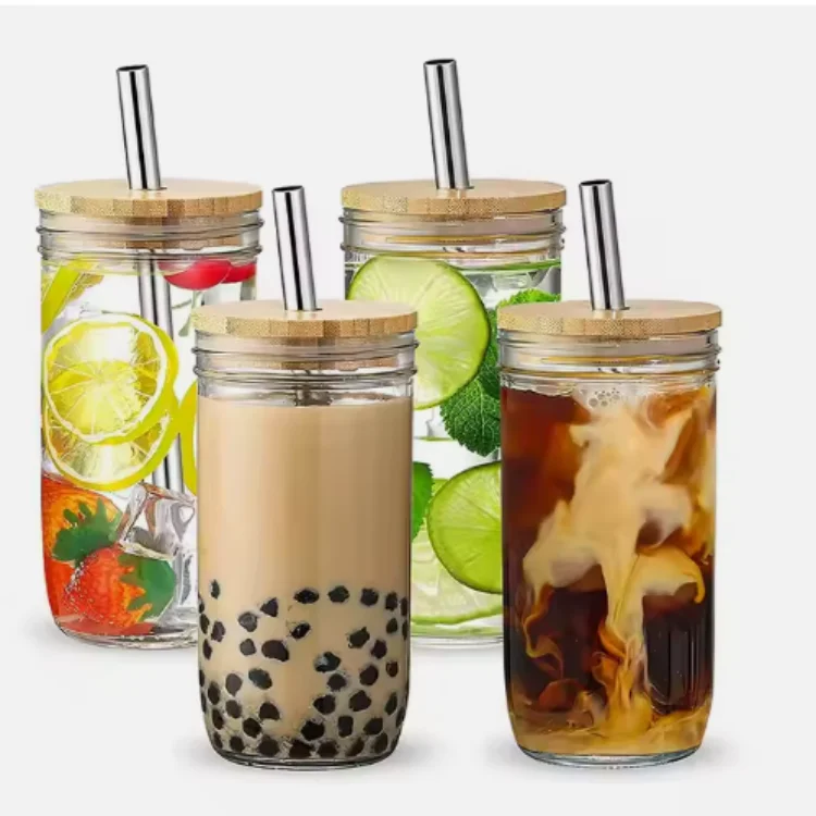 16 oz soda clear can shaped glass beer can bubble tea glass cup with wooden lid and spoon