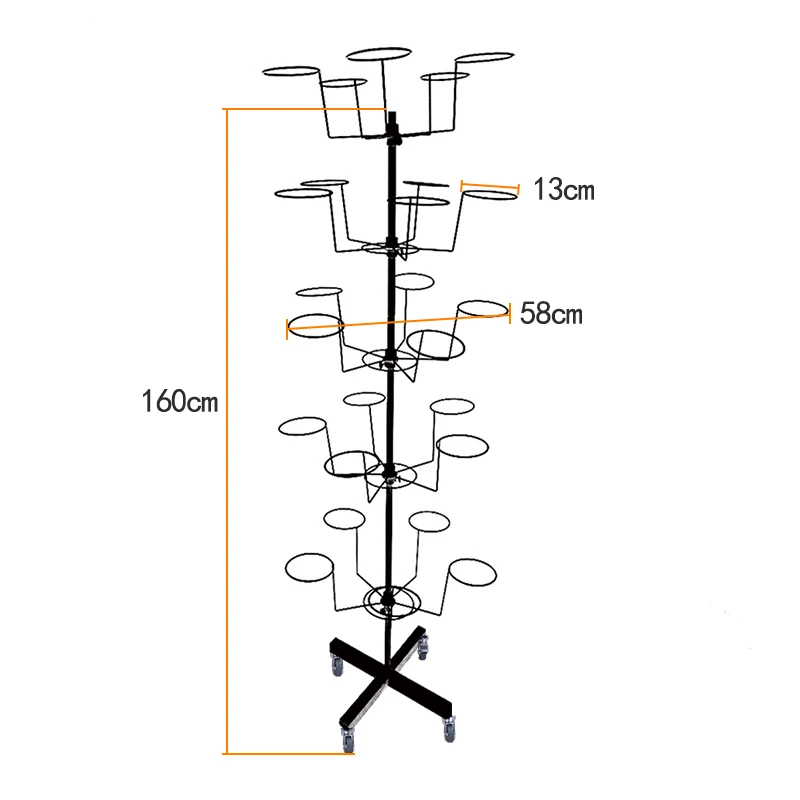 Factory customized 5 Layers Movable wheeled Rotating floor stand Supermarket store hat cap iron display rack