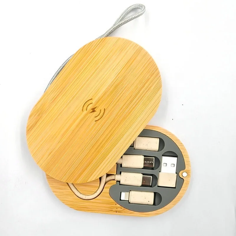 2024 new design type c adapter cable multi 3-in-1 charging cable in bamboo wood gift box with wooden wireless charger pad 60W