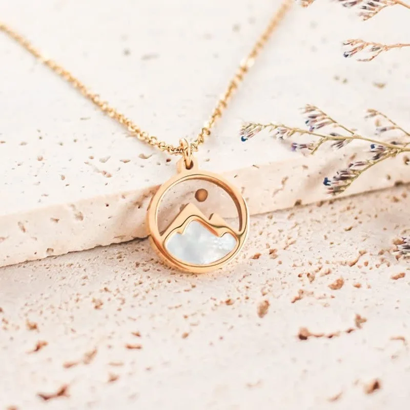 Gold Plated Jewelry Stainless Steel Inlaid Shell Mountains Mustard Seed Necklace For Women