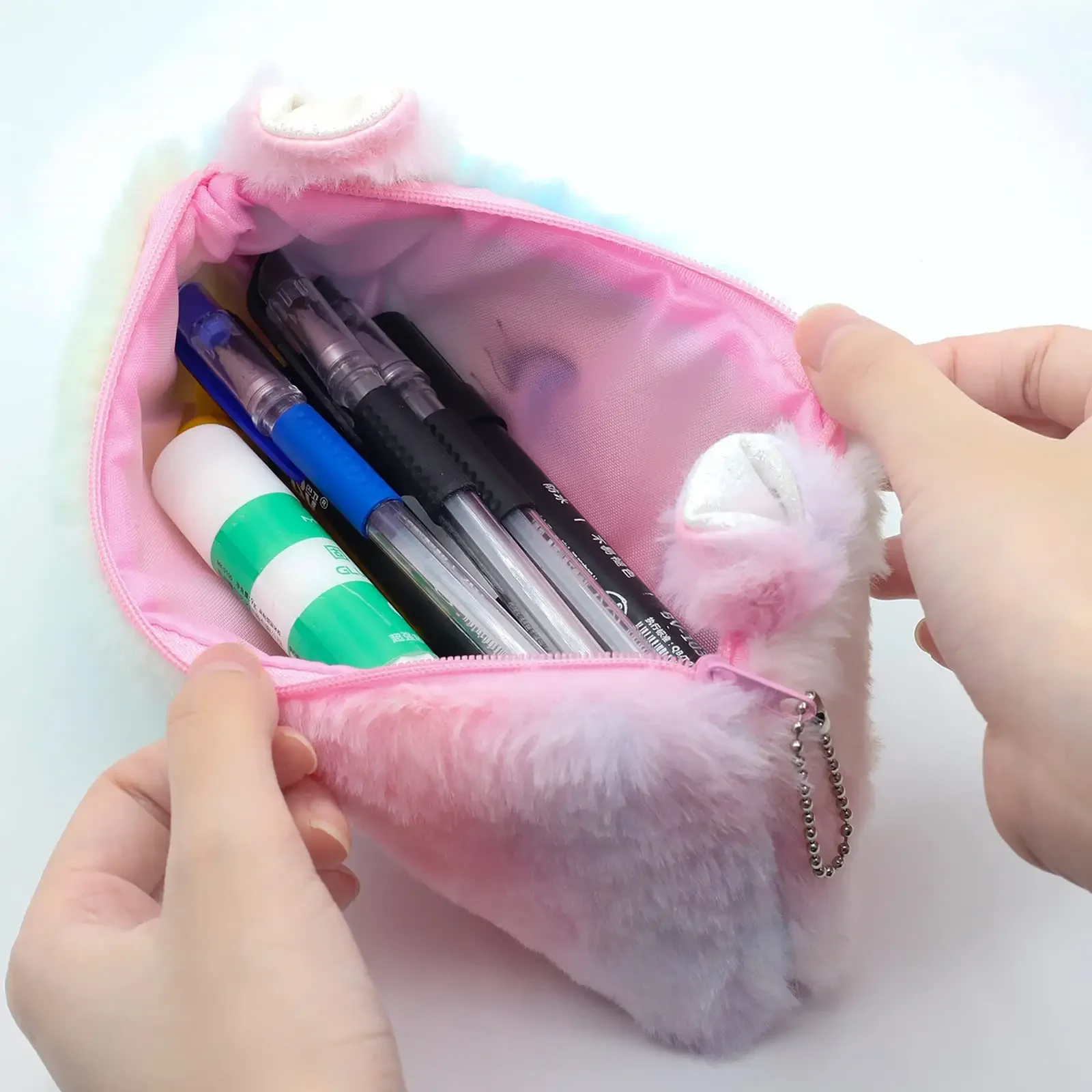 Plush Cat Pencil Case Cute Gradient Colorful Pen Bag Soft Makeup Pouch Coin Purse Storage Stuffed Animal Bag for Women Office