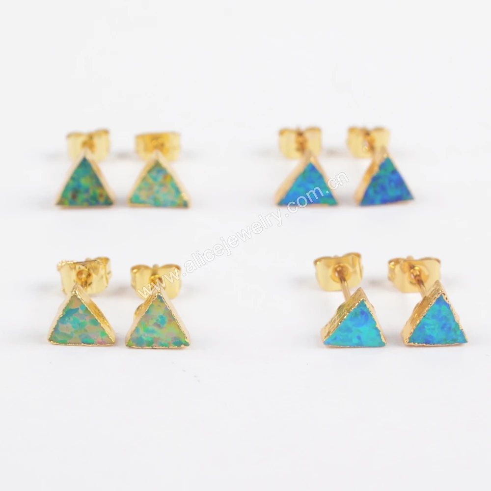 18K gold triangle synthetic white blue fire opal stud earings jewelry women wholesale