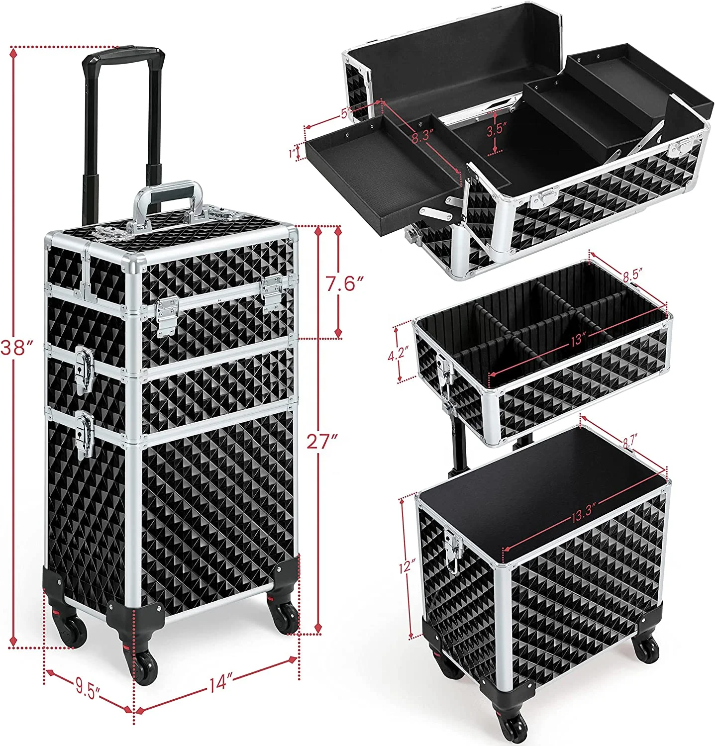 Rolling Makeup Train Case 3 in 1 Cosmetic Case Professional Makeup Suitcase Large Aluminum Cosmetic Trolley with Swivel Wheels