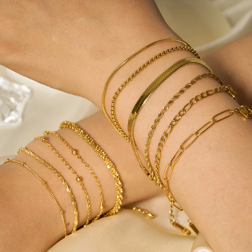 Fashion Snake Chain Bangles Cuban Chain Bracelet Stainless Steel 18K Gold Plated Gold Chain Bracelet Jewelry Set for Women