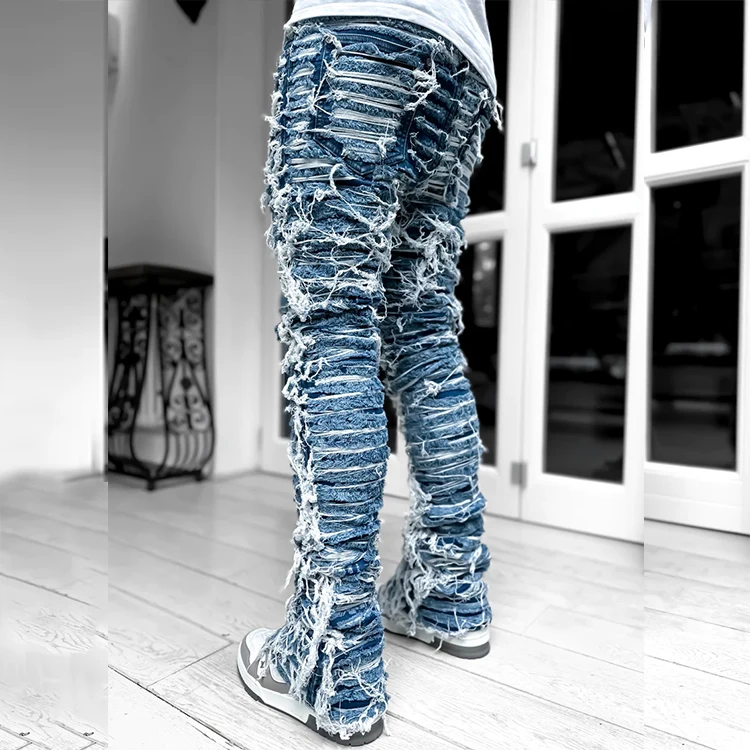 HL manufacture streetwear y2k heavyweight raw hem distressed spiderweb denim jeans custom extended flare stacked ripped men jean
