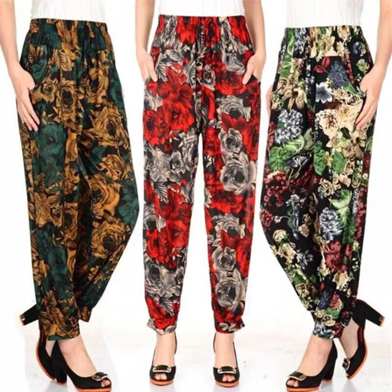 Summer Middle-aged and Elderly Women Ice Silk Mother Pants Loose Large Size Elastic High-waist Bloomers Cool Trousers