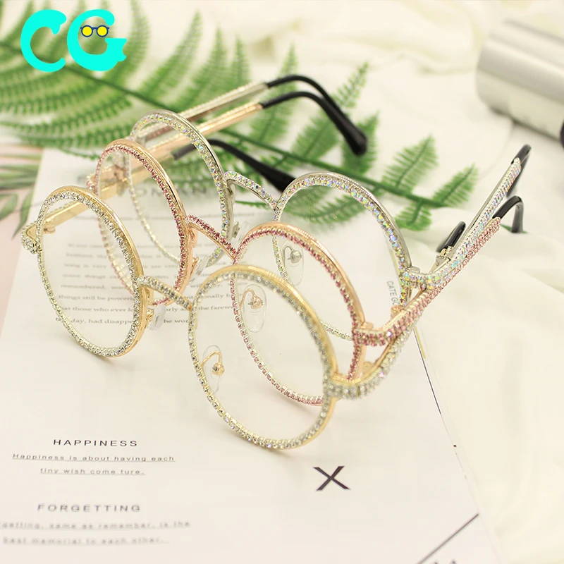 2022 Fashion Diamond Round Sunglasses Women new Brand Plastic Oversized Vintage Shades Ladies Oculos Luxury Crystal Sun glasses