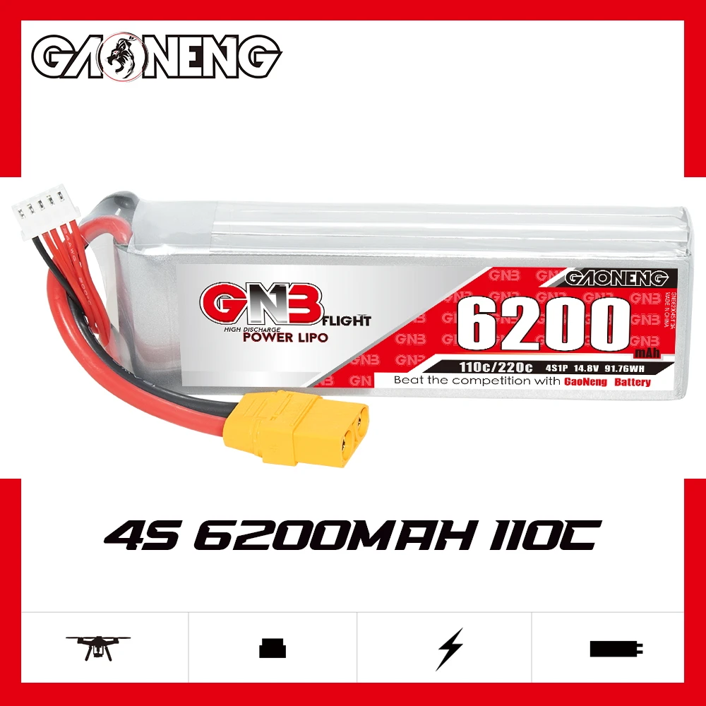 GAONENG GNB 6200mAh 4S 14.8V 110C XT90 RC LiPo Battery 600mm to 700mm Helicopters 800mm Warbirds Align 600 T-Rex 600 FPV Drone
