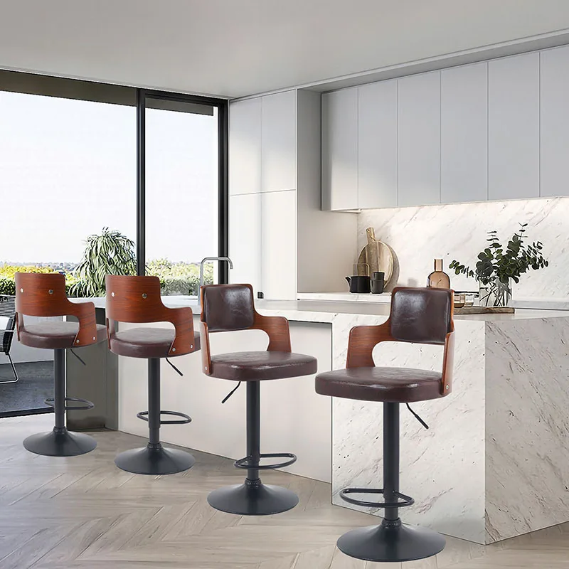 Modern Brown Swivel Bar Chairs with Leather Seat Wood Back High Stools Lift Fabric Natural Texture Footrest for Kitchen Home Bar