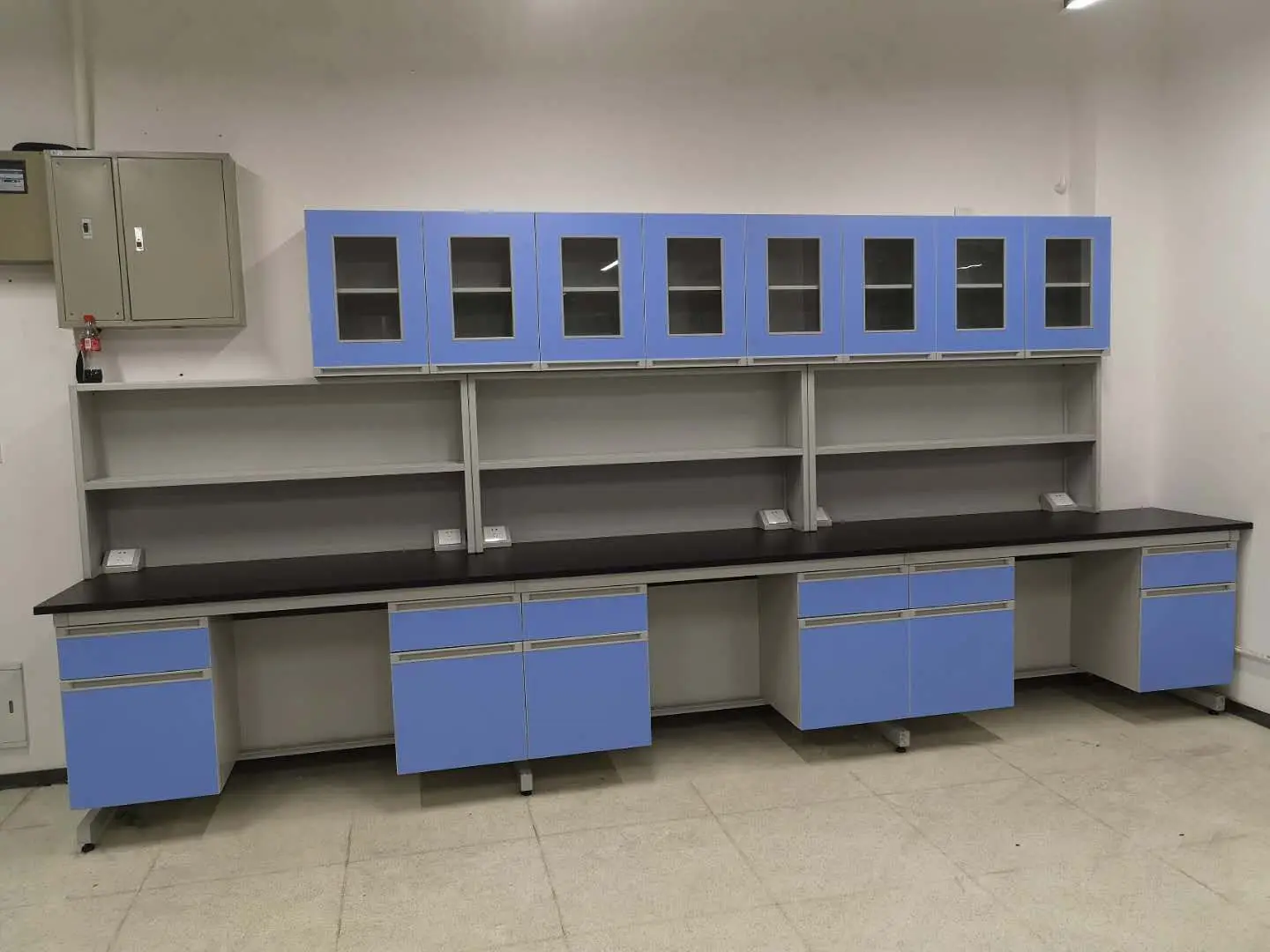 Modular laboratory furniture  Steel & Wood structure center table lab desk workbench side cabinet with hanging cabinet
