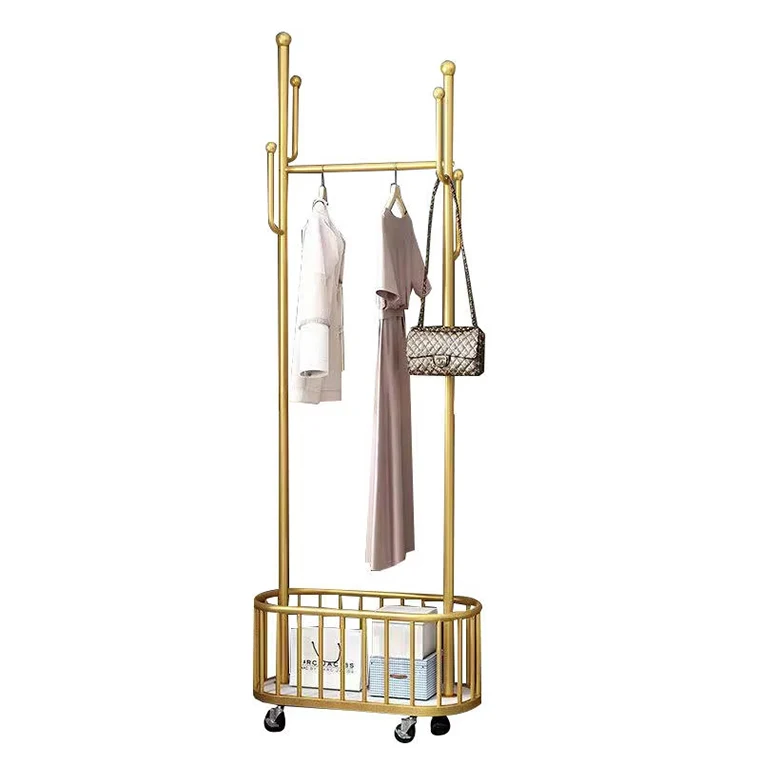 New Listing Light luxury floor drying clothes rack with storage basket bedroom balcony clothes hat rack removable hangers