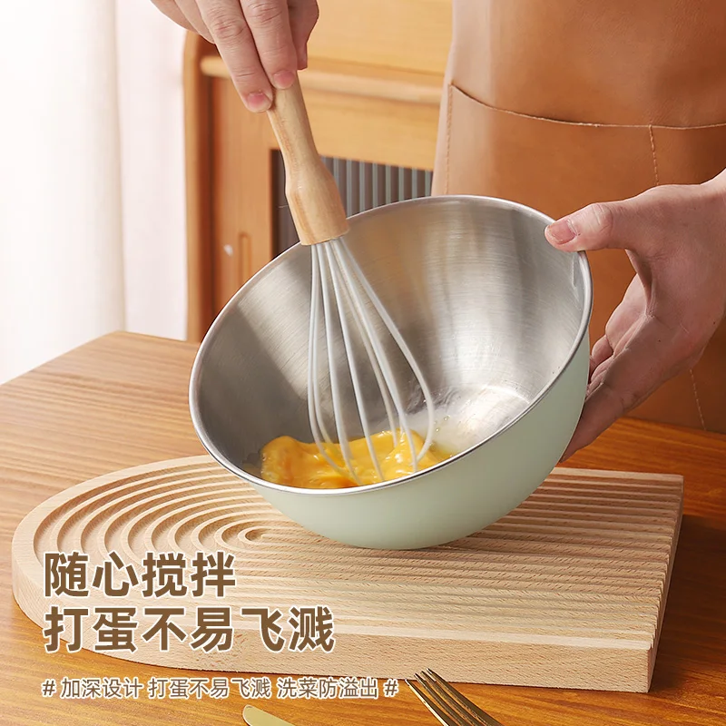 Korean Stainless Steel Colorful Salad Mixing Bowl With Scale Washing Basket Kitchen Baking Cake Batter Salad Basin Set
