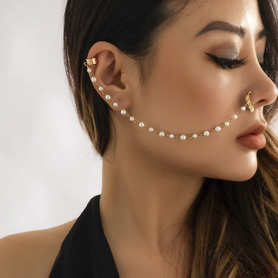 Indian Nose Rings Hoop With Chain Faux Pearl Nose Pin Crystal Wedding Bridal Non Piercing Jewellery, Multi Color /