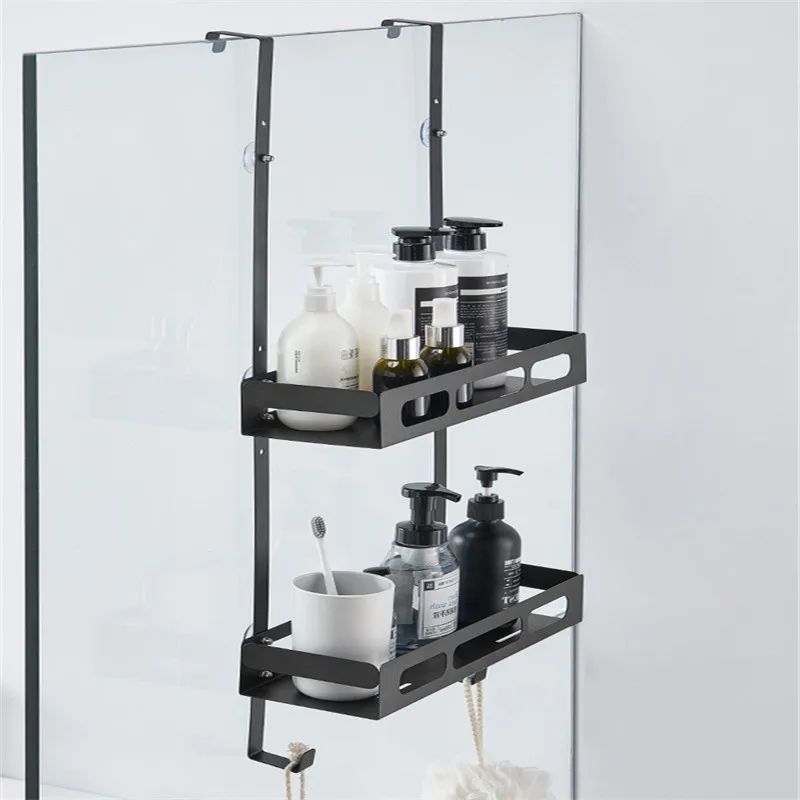 OGJ 201 Double-Layer Non-Perforated Stainless Steel Double-Door Rear Hanging Basket Bathroom Shelf