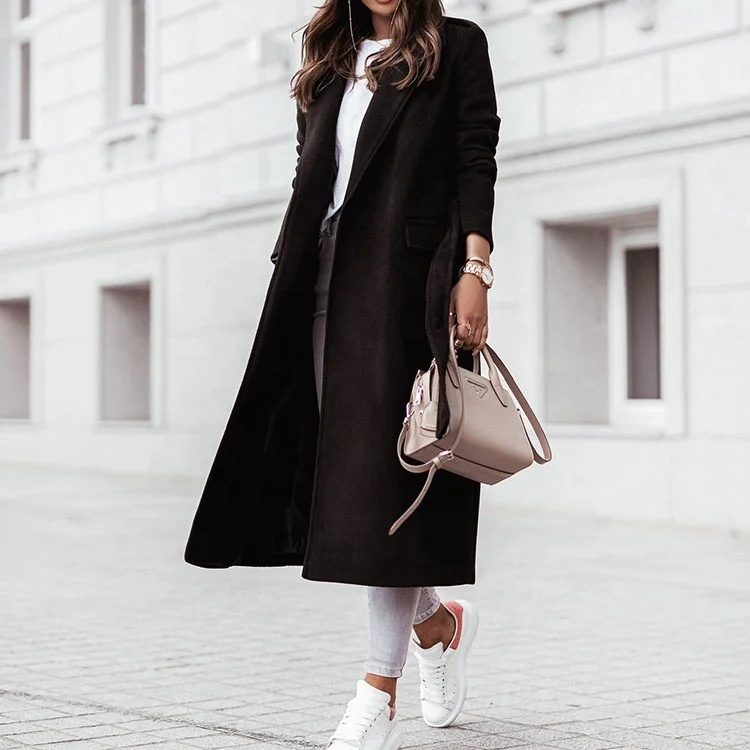 D2298 Hot Style Autumn And Winter Simple Solid Color Long-Sleeved V-Neck Tie Women Coat