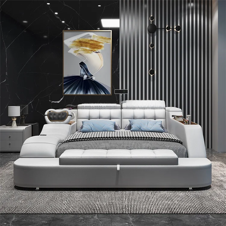 Factory Price Modern Fabric Storage Bed Multifunction Smart Tatami Beds With Massage Stools Drawers