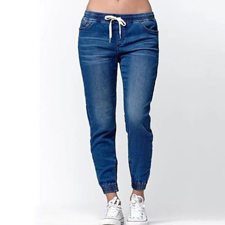 Hot Sell Fall Denim Joggers Pants Drawstring Mid Elastic Waist Washing Old Pencil Pants Women Narrow Bottom Jeans